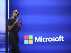 Microsoft CEO Satya Nadella gestured during his keynote address at the company's  "build" conference in San Francisco