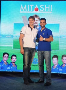 Rajasthan Royals captain Shane Watson and Ajinkya Rahane at the launch of MITASHI 50 inch Smart LED TV